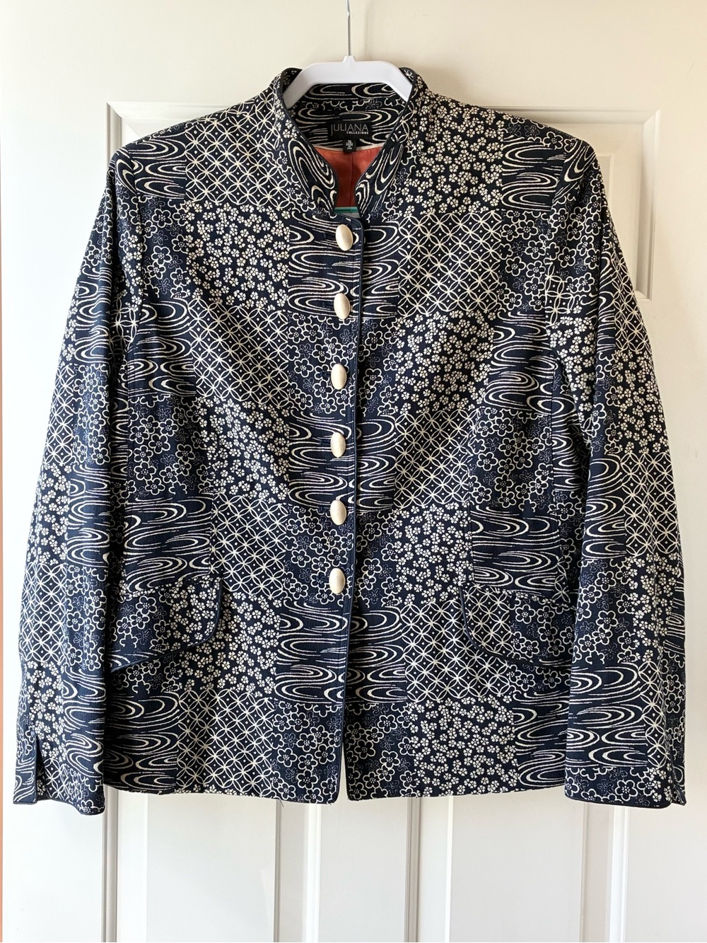 Juliana Collezione Cotton Button Down Jacket Mandarin Collar Navy Plus Size 16